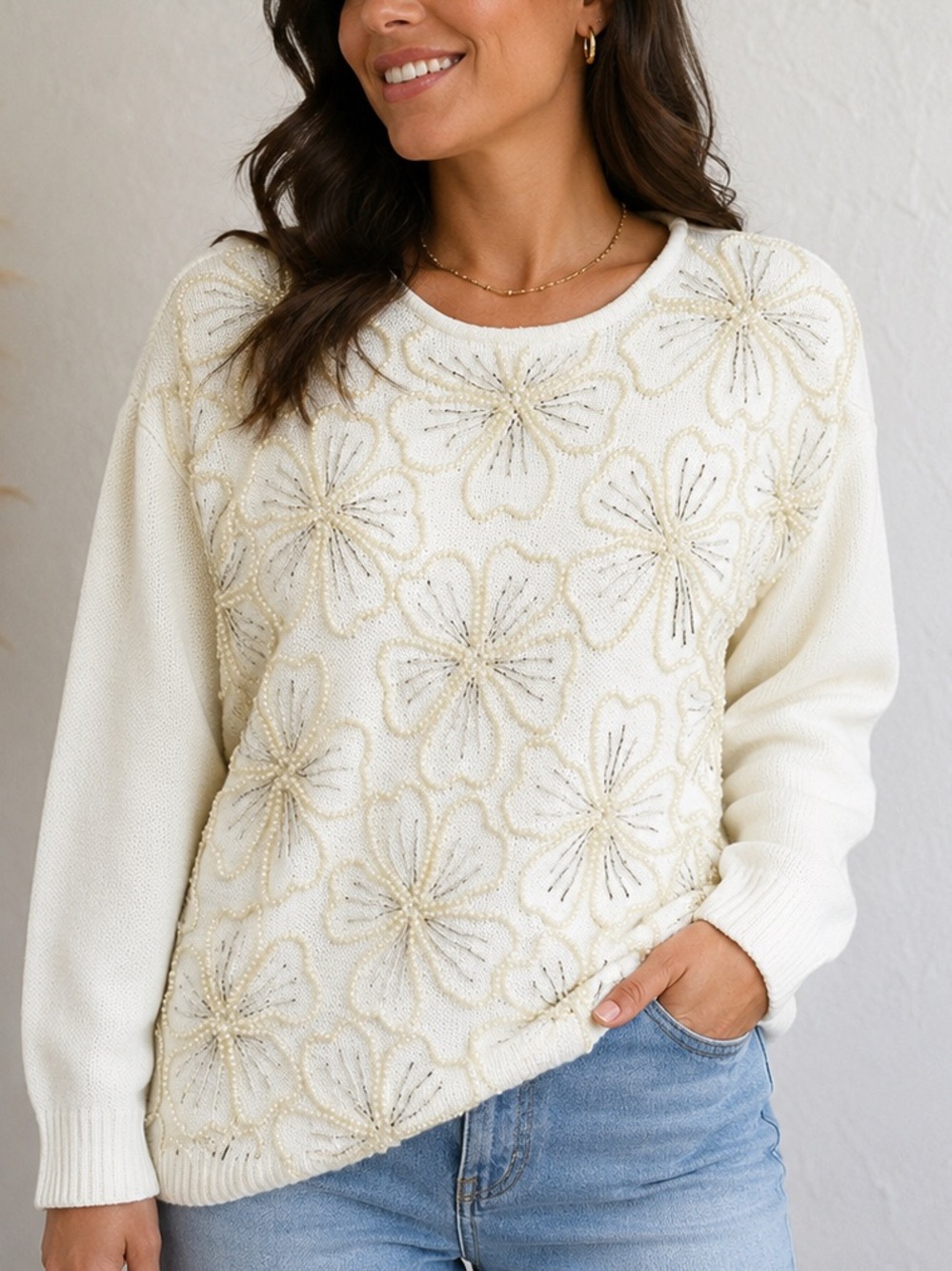 Victoria Jones Woman Cream Beaded Floral Crewneck Sweater L